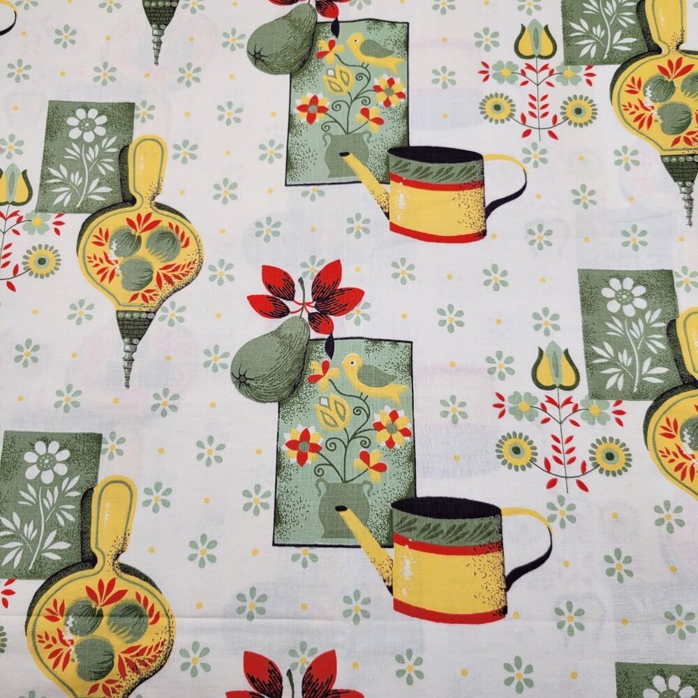 Vintage Kitchen Cotton Fabric Watering Can Floral Print 1 Yard x 66 Inches